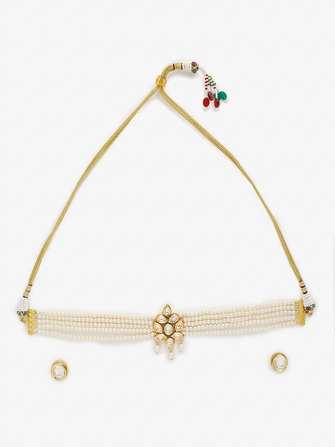 Gold-Polished White Pearl Kundan Choker With Studs - Ruby Raang | Swadesiicart