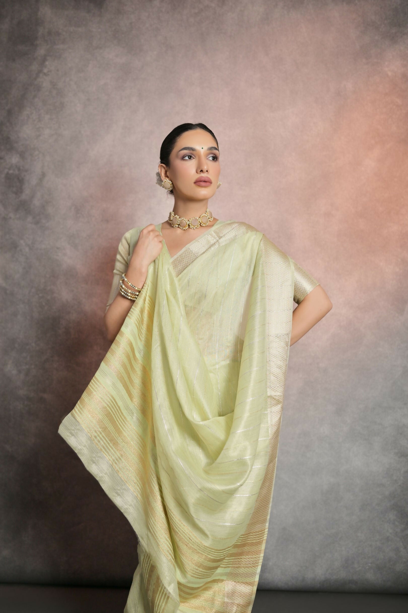 Vishnu Weaves Women's Pista Tissue Linen Zari Woven Saree with Blouse - Swadesiicart