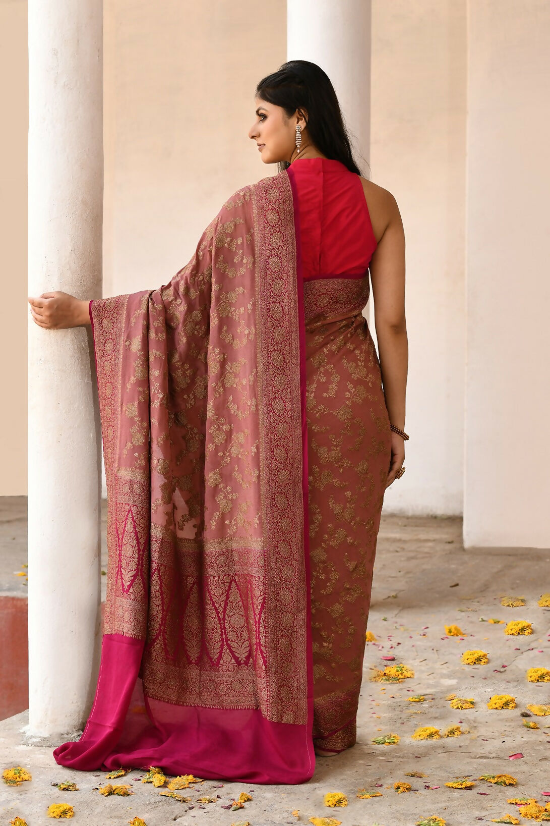 Joban Fashion Rouge Pink Crepe Chiffon Pure Handloom Banarasi Silk Saree | Swadesiicart