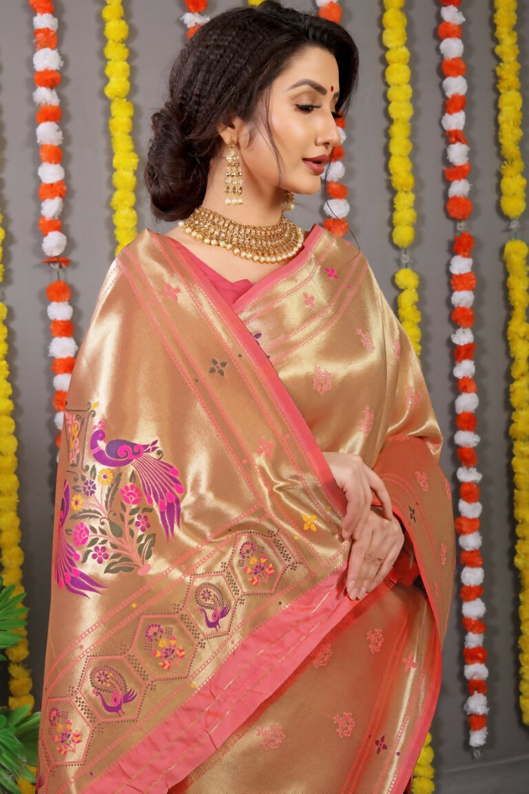 Jyoti Fashion Women's Peach Paithani Silk Zari Woven Saree with Blouse | Swadesiicart