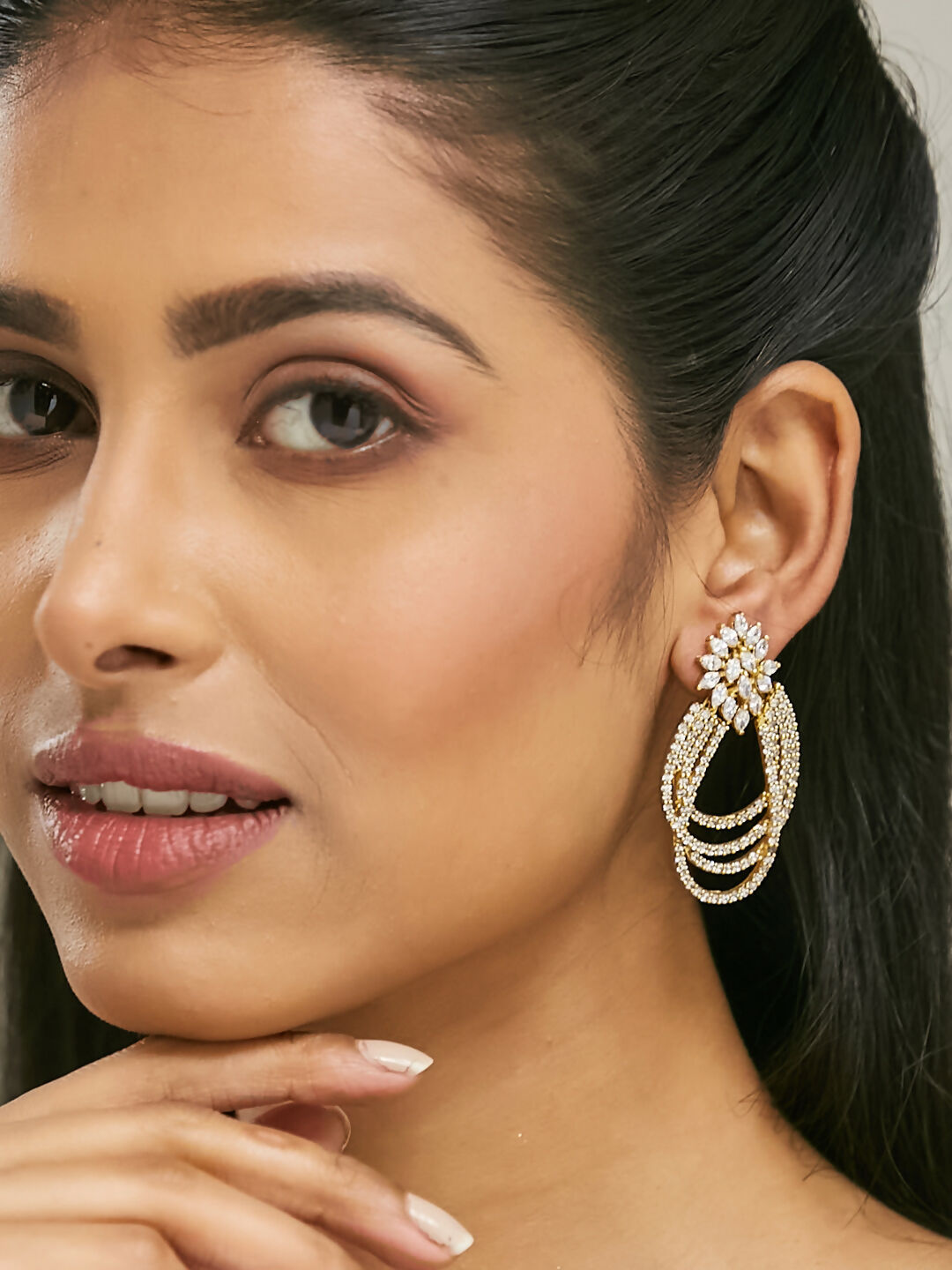 Nuyug 22K Gold-Plated Floral Motif Zircon Stone Studded Teardrop Shaped Elegant Drop Dangler Earrings | Swadesiicart