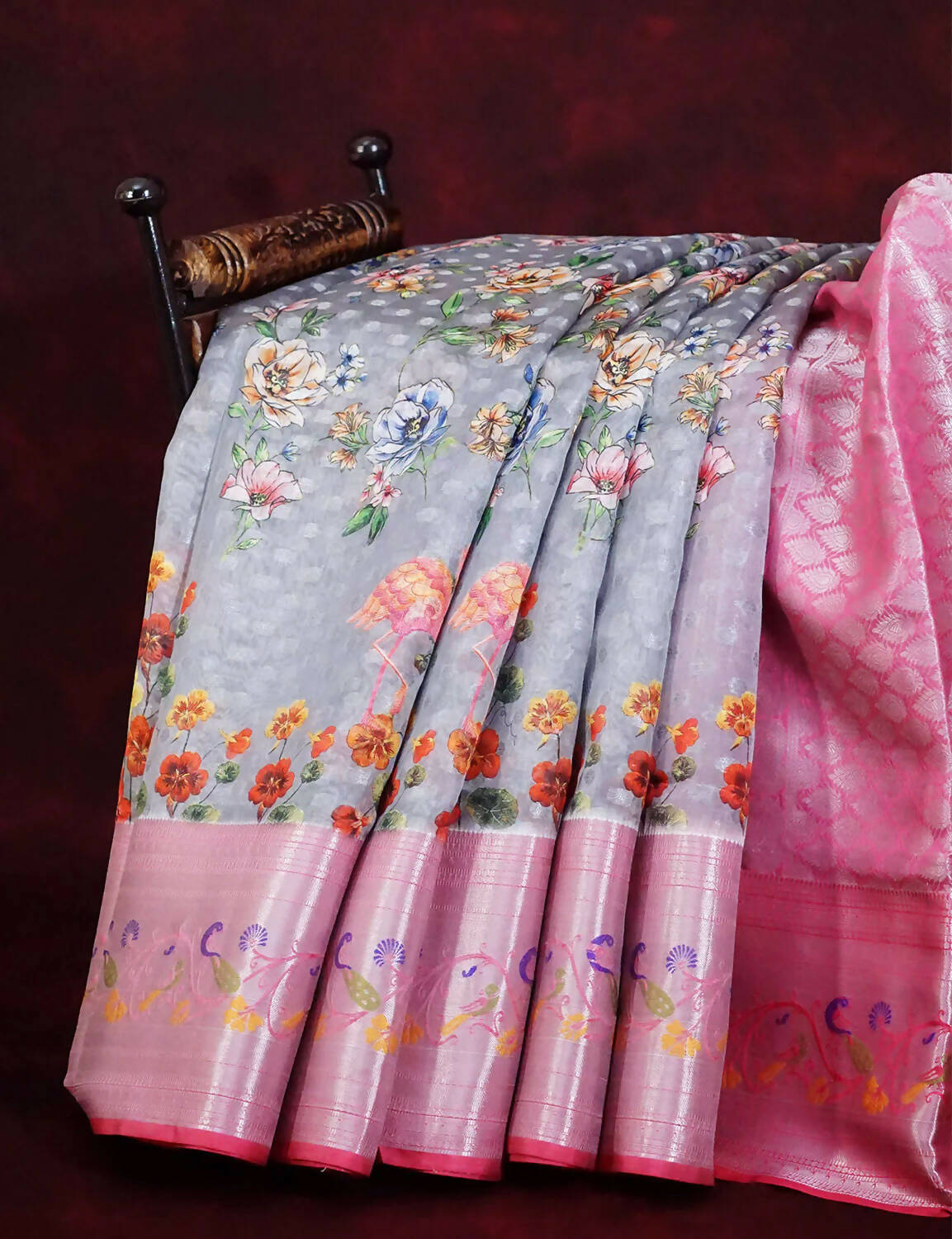 Grey And Baby Pink Colour Banaras Borders And Creeper Design Semi Silk Saree By Gayathri Reddy Designer Studio | Swadesiicart