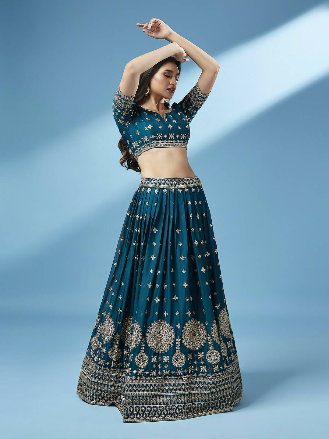 House of Panchhi Teal - Pure Georgette Embroidered Lehenga | Swadesiicart