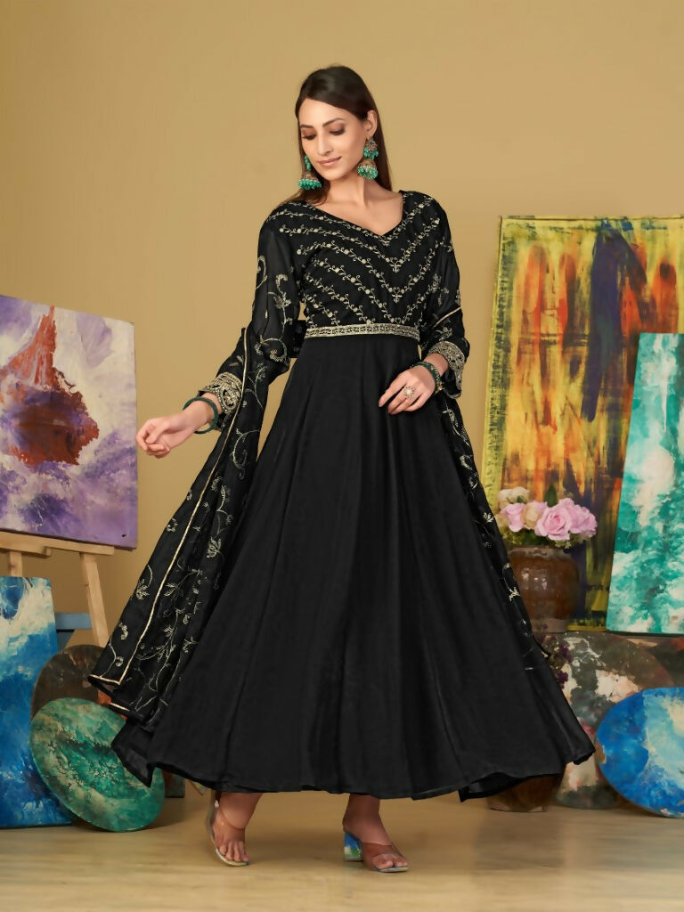 Jyoti Fashion Women's Black Georgette Embroidered Anarkali Kurta Pant Set With Dupatta | Swadesiicart