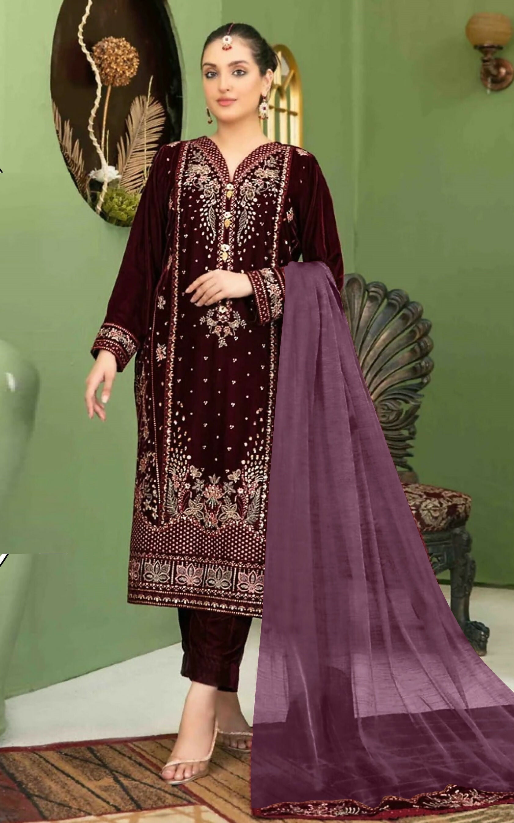 Anaita Purple Velvet Suit with Embroidery Sequence Work