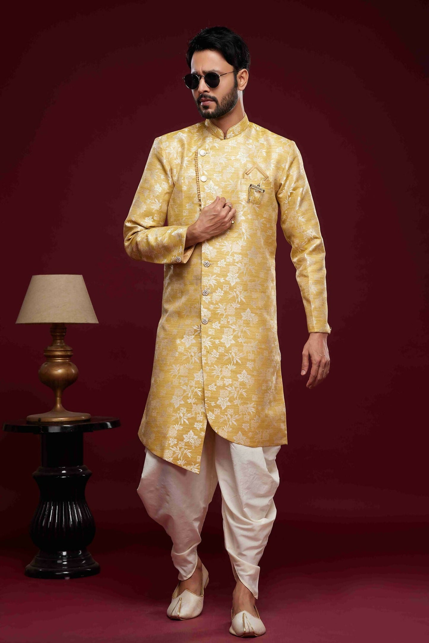 Raivat Ethnic Banarasi Jacquard Embroidery Semi Indo Western Sherwani In Cream Beige Colour | Swadesiicart