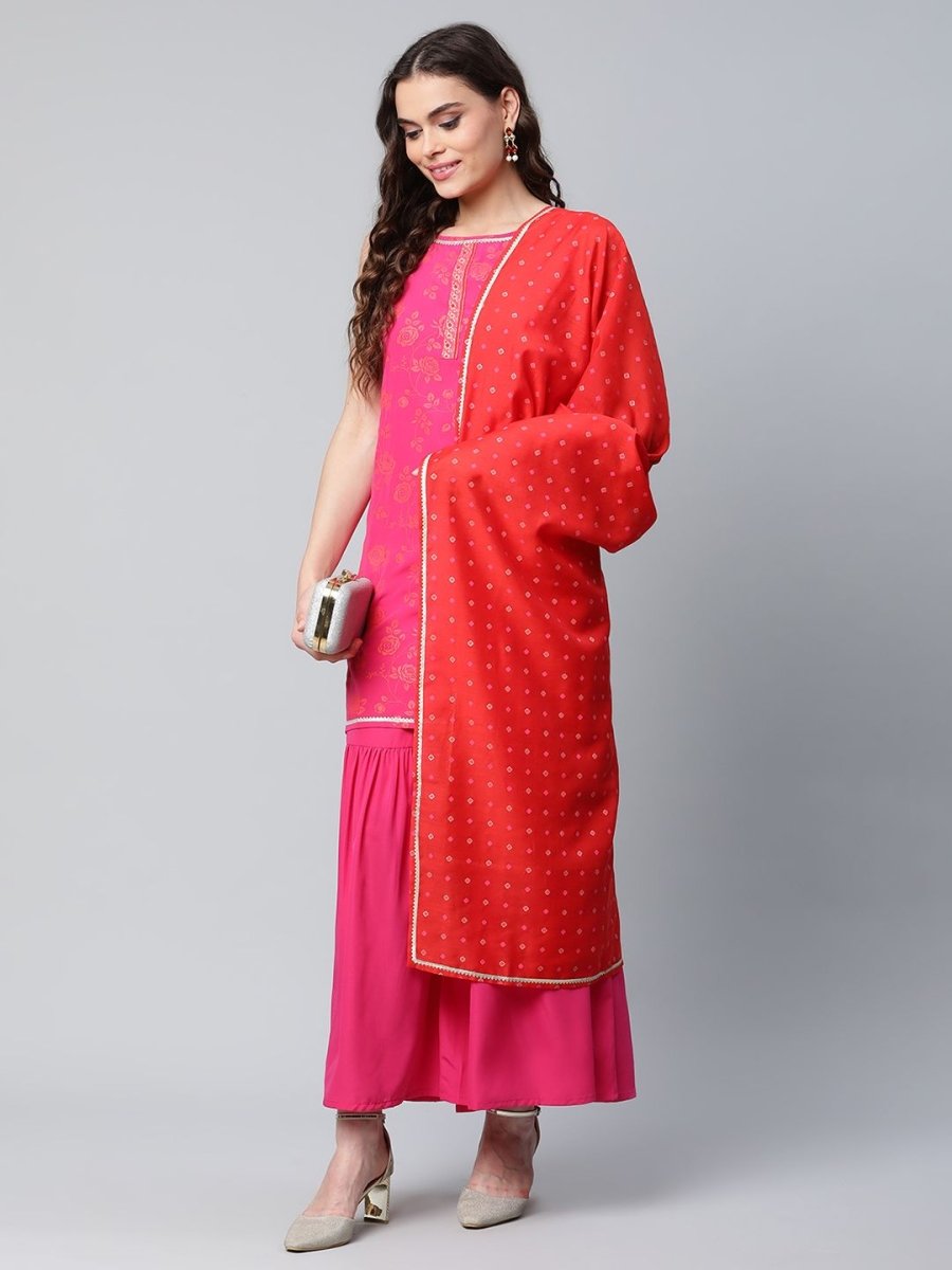 Ahalyaa Pink Crepe Orange khari Print Kurta Sharara Set With Dupatta | Swadesiicart
