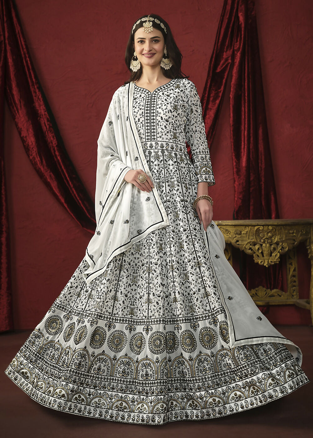 Stunning White Front & Back Embroidered Trendy Anarkali Suit - Emponline | Swadesiicart