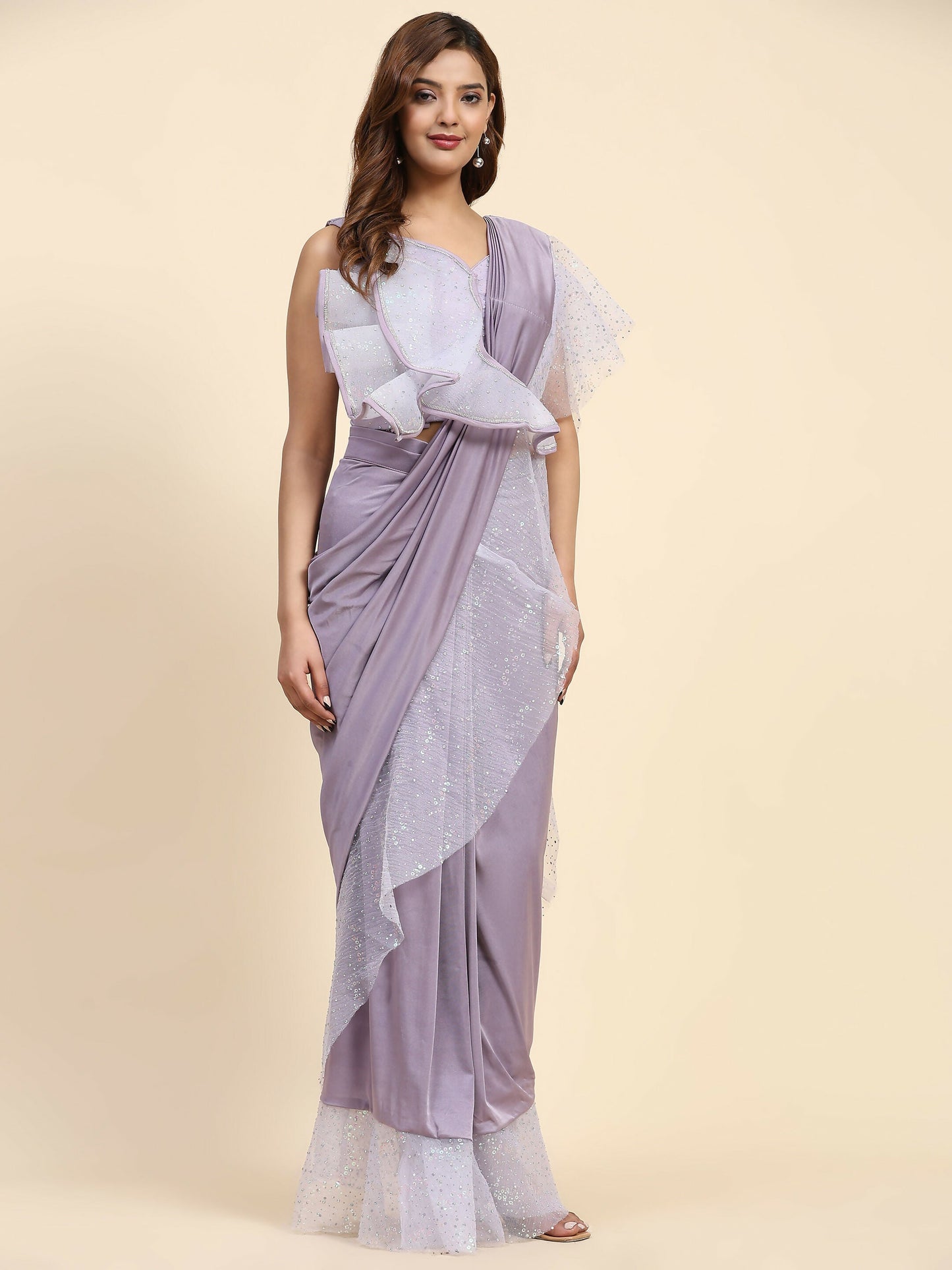 Light Purple Lycra Solid Ready to Wear Saree with stitched Blouse - Nita | Swadesiicart