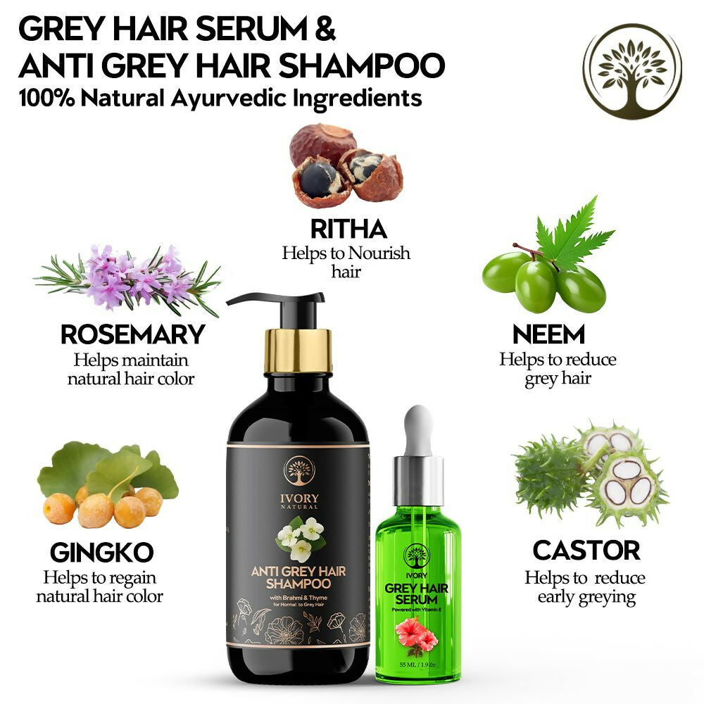 Ivory Natural Grey Serum And Hair Shampoo Combo Restores Natural Hair Wellness And Nourished, Shiny Hair | Swadesiicart