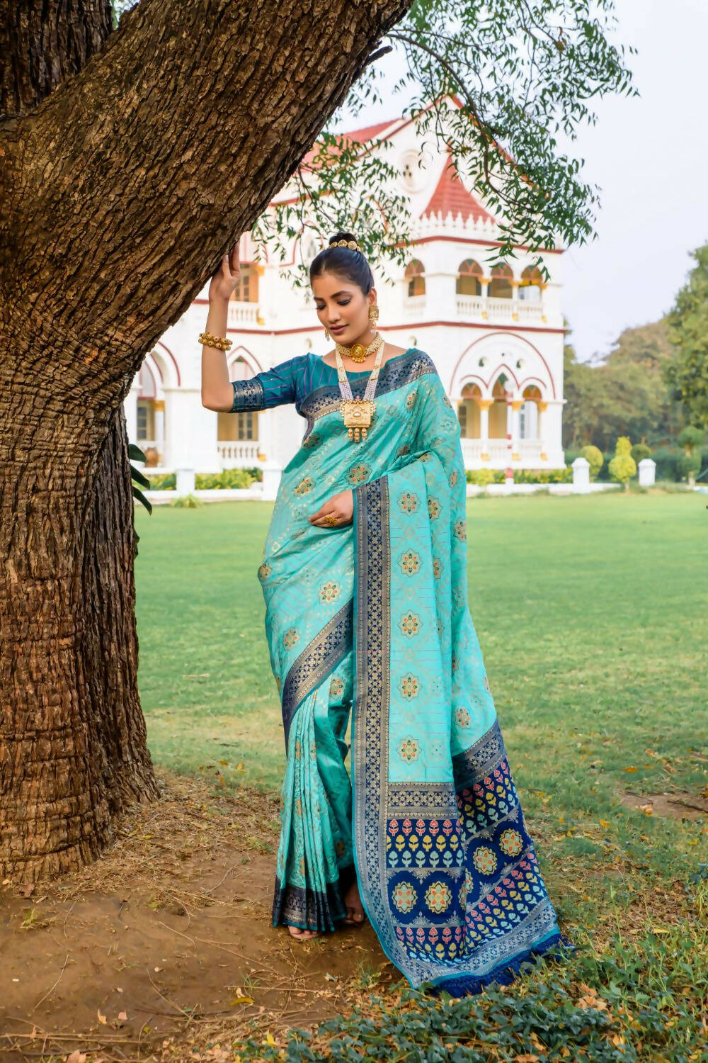 Vishnu Weaves Women's Firozi Patola Banarasi Silk Meenakari Zari Woven Saree with Blouse - Swadesiicart