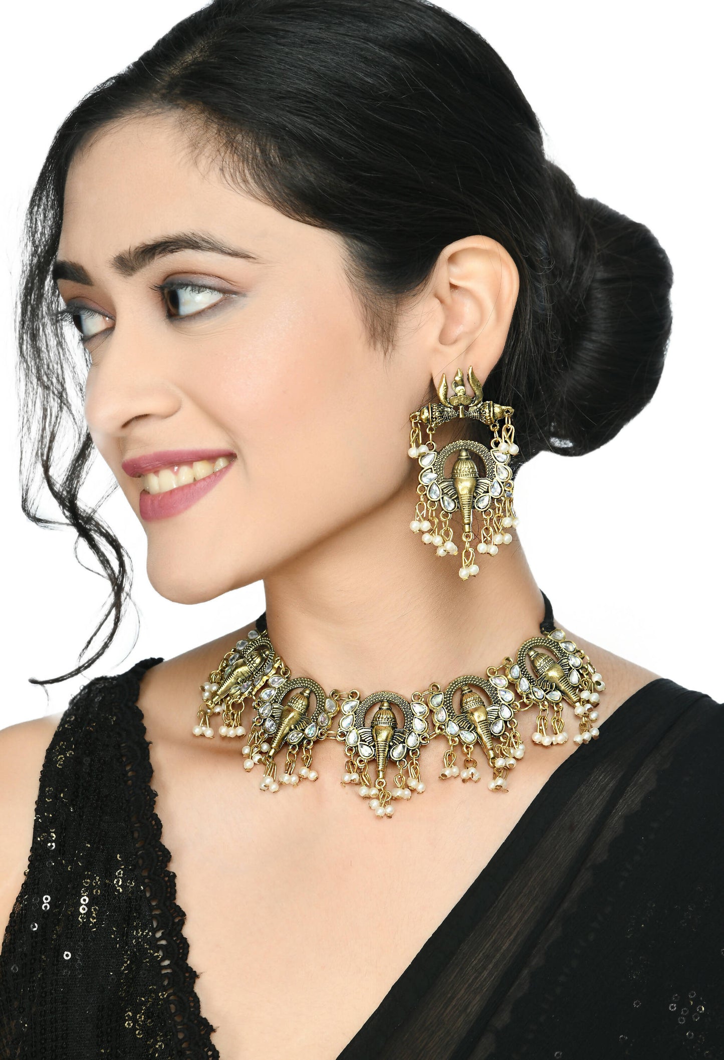 Mominos Fashion Johar Kamal Oxidised Gold-Polished Ganesha Design Necklace Choker Set | Swadesiicart