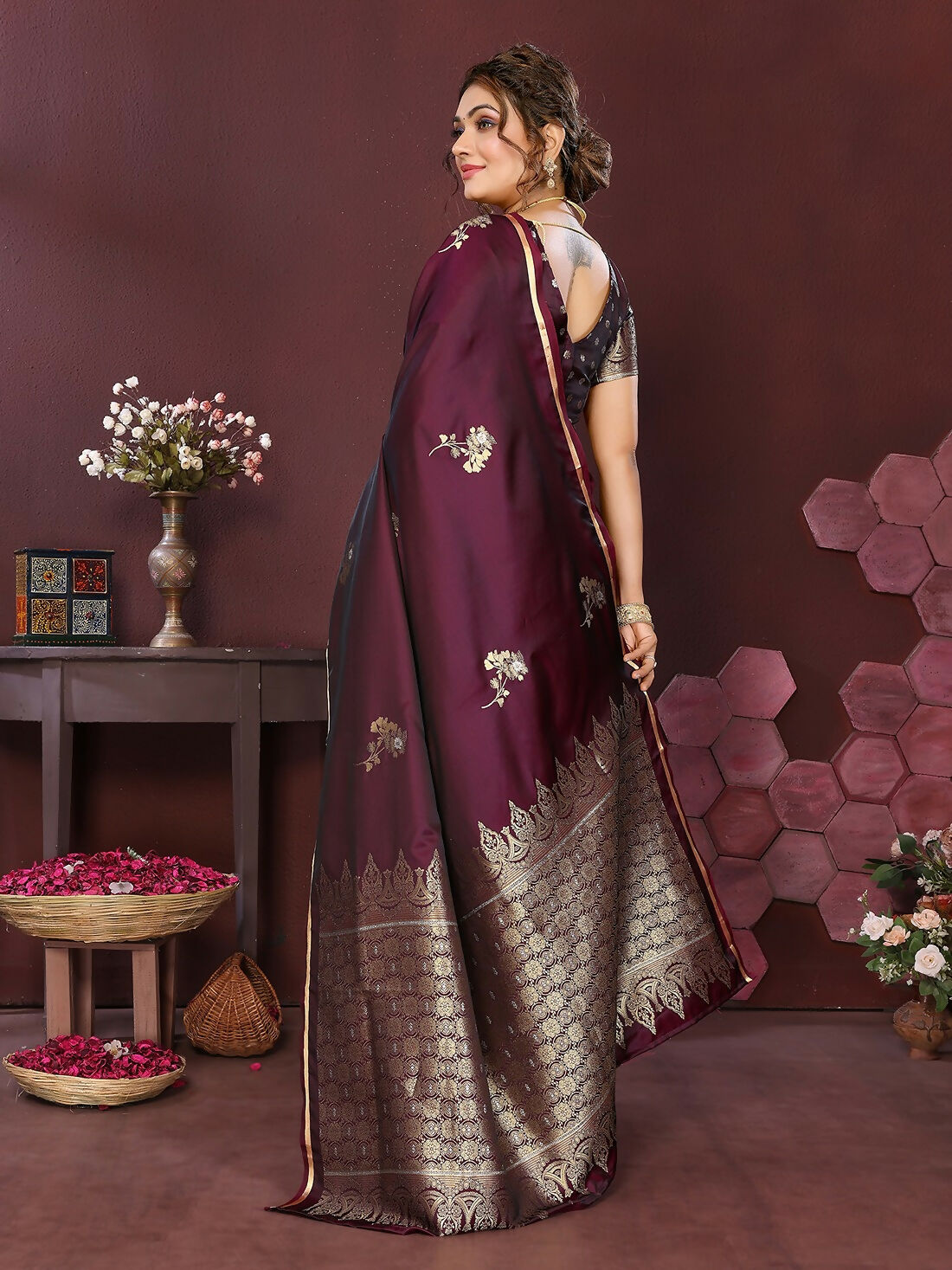 Joban Fashion Wine Floral Banarasi Silk Sarees | Swadesiicart