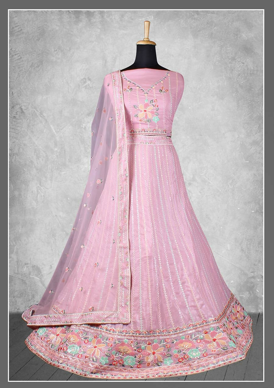 Light Pink Georgette Embroidery & Sequence Work Semi-Stitched Lehenga Choli - Nimaya Kangan | Swadesiicart