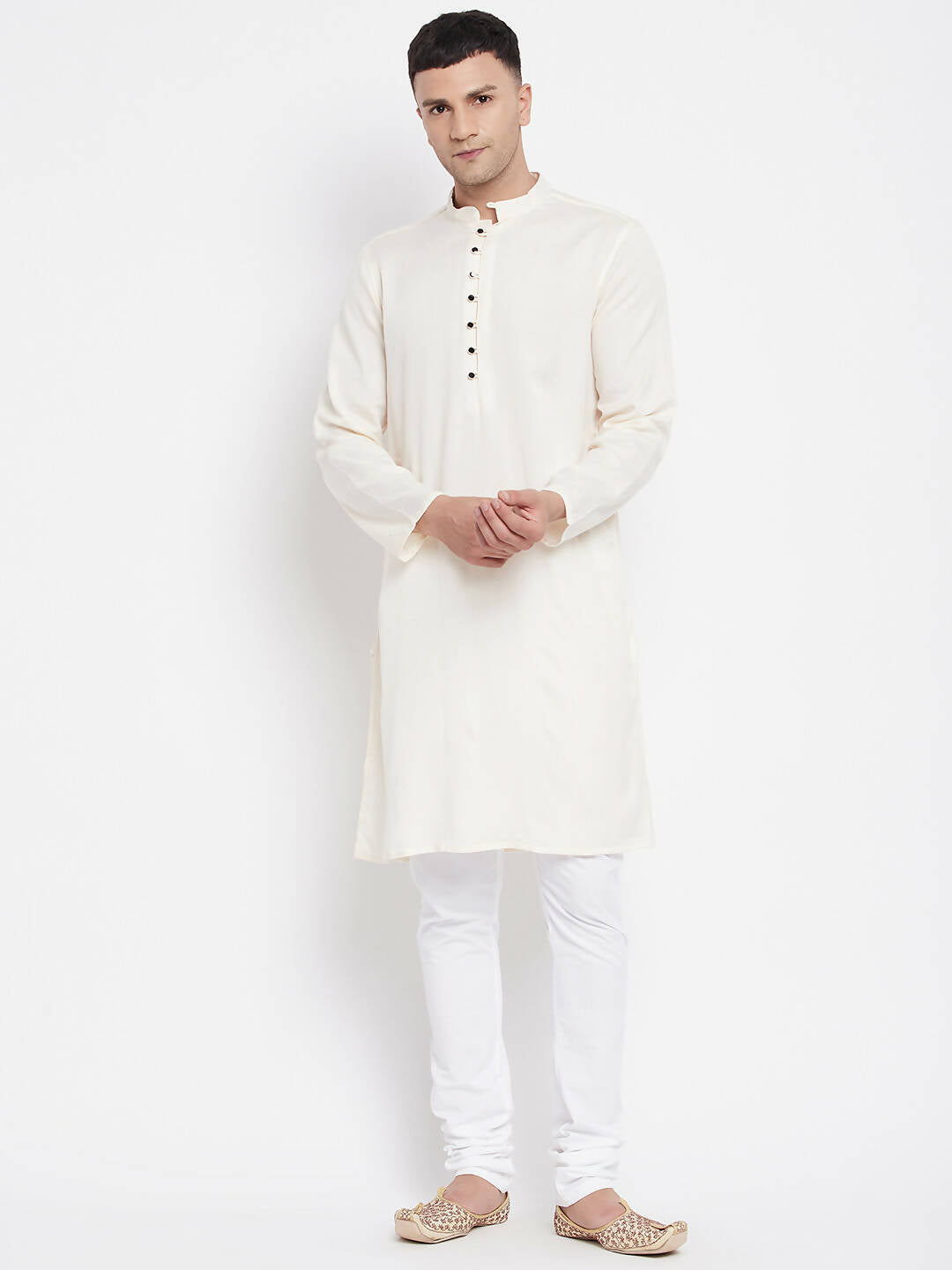 Even Apparels Cream Rayon Men's Kurta With Band Collar | Swadesiicart