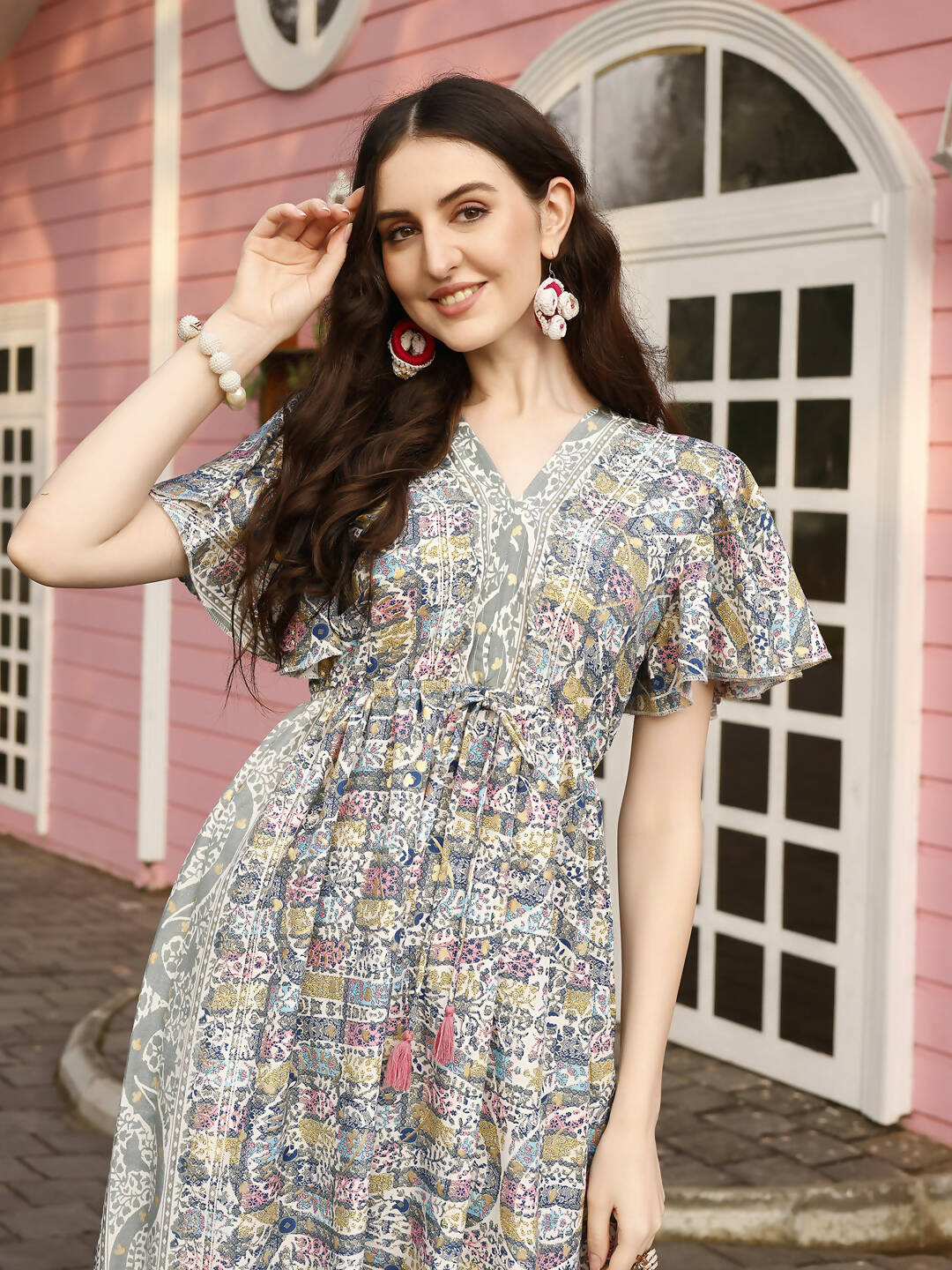 Green Rayon Foil Printed Long Dress - Michan | Swadesiicart
