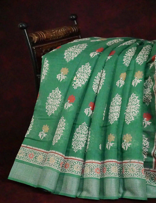 Green Colored Motif Prints Semi Chanderi Saree By Gayathri Reddy Designer Studio | Swadesiicart