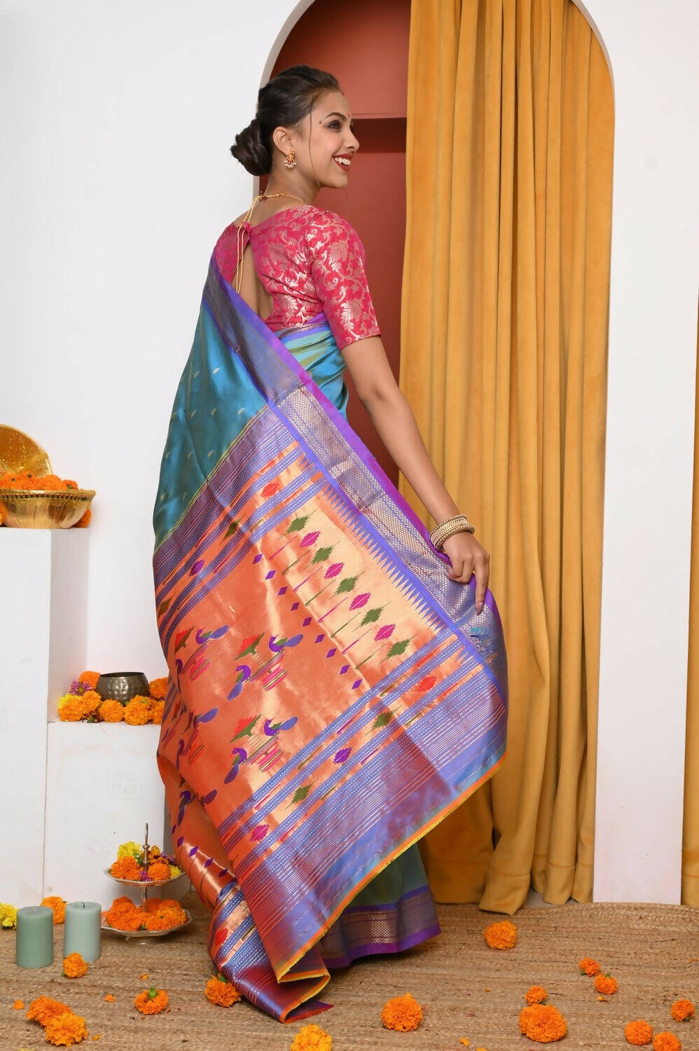 Very Much Indian Authentic Dual Tone Powder Blue Paithani | Swadesiicart