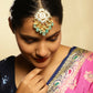 White Blue Gold-Polished Kundan-Studded Beaded Maang Tikka - Ruby Raang | Swadesiicart
