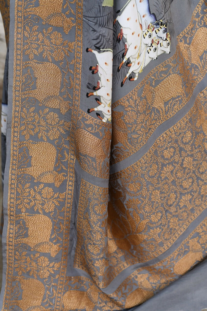 Joban Fashion Silver Grey Pure Crepe Pure Handloom Banarasi Silk Saree | Swadesiicart
