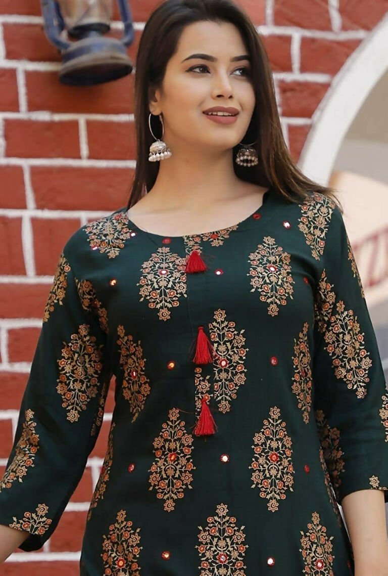 Alvano Printed Kurta With Sharara Set for Women's and Girls Rayon (Green)