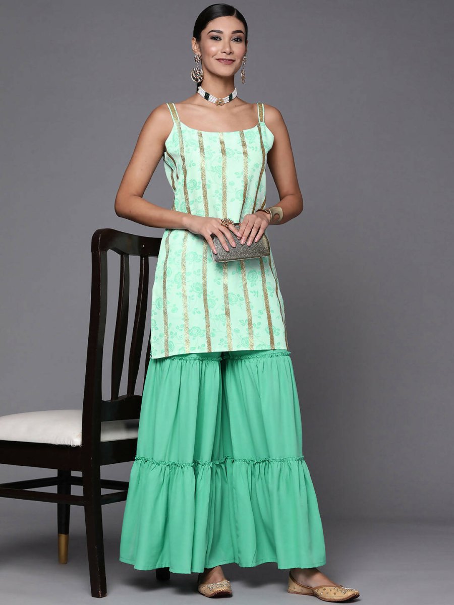 Ahalyaa Blue & Gold Floral Printed & Striped Straight Kurti with Sharara | Swadesiicart