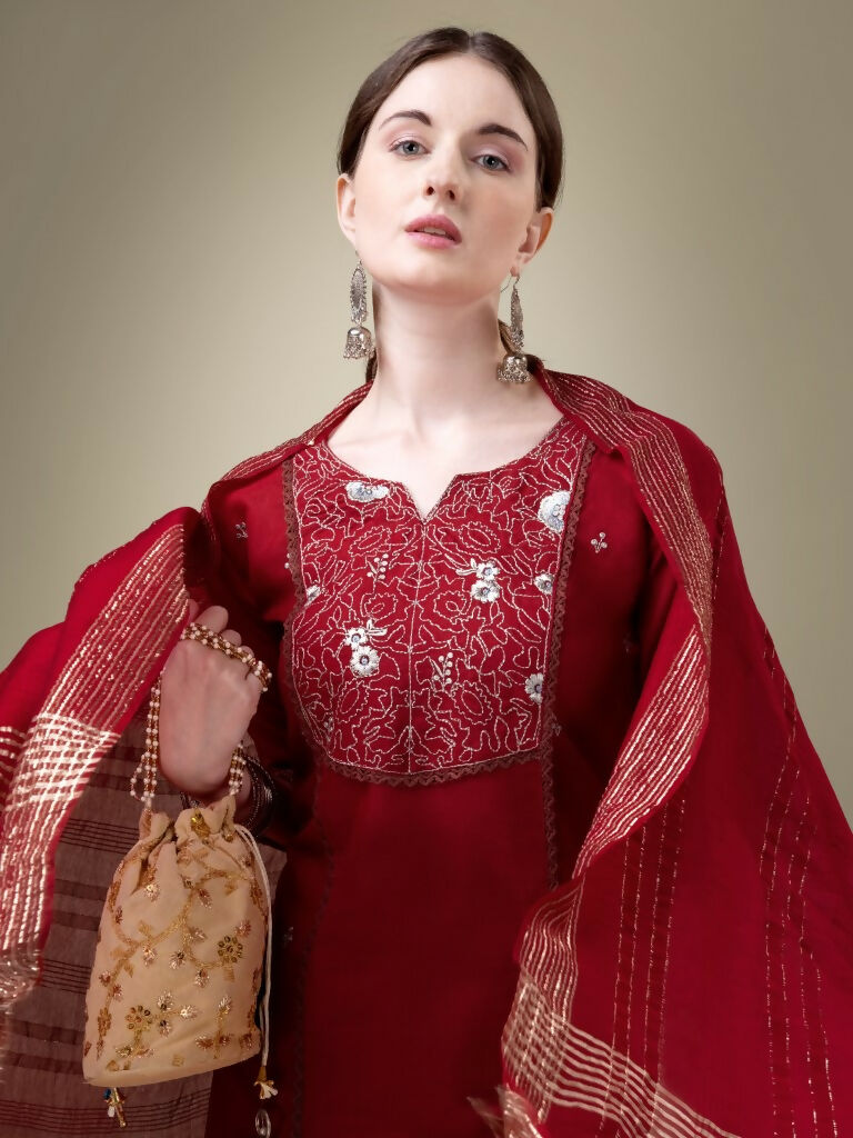 Jyoti Fashion Women's Maroon Cotton Blend Embroidery & Fancy Lace work Kurta with Trouser & Dupatta | Swadesiicart
