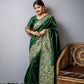 Vishnu Weaves Women's Green Handloom Raw Silk Woven Border Saree with Unstitched Blouse - Swadesiicart