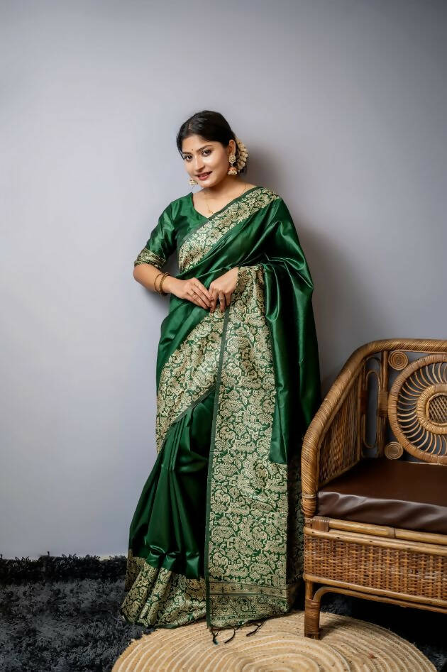 Vishnu Weaves Women's Green Handloom Raw Silk Woven Border Saree with Unstitched Blouse - Swadesiicart