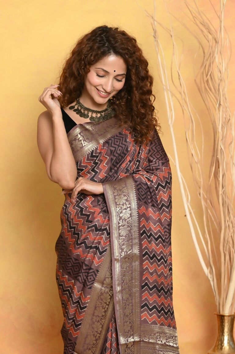 Very Much Indian Modal Silk Ajrakh Handblock Printed Natural Dyes With Designer Border Saree - Brown | Swadesiicart