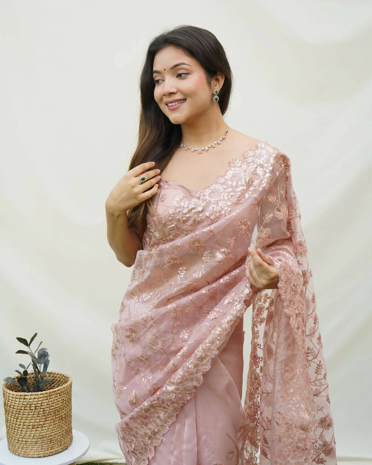 Vamsee Brown Organza Saree - Swadesiicart