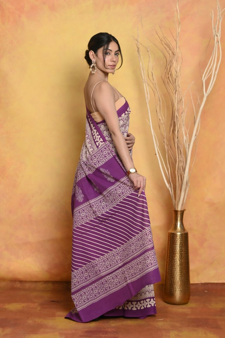 Very Much Indian Handblock Printed Cotton Saree With Natural Dyes - White | Swadesiicart