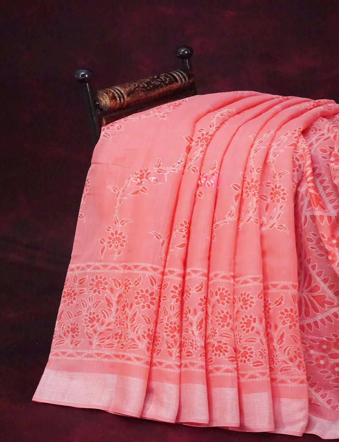 Peach Coloured Block Print Semi Chanderi Saree By Gayathri Reddy Designer Studio | Swadesiicart
