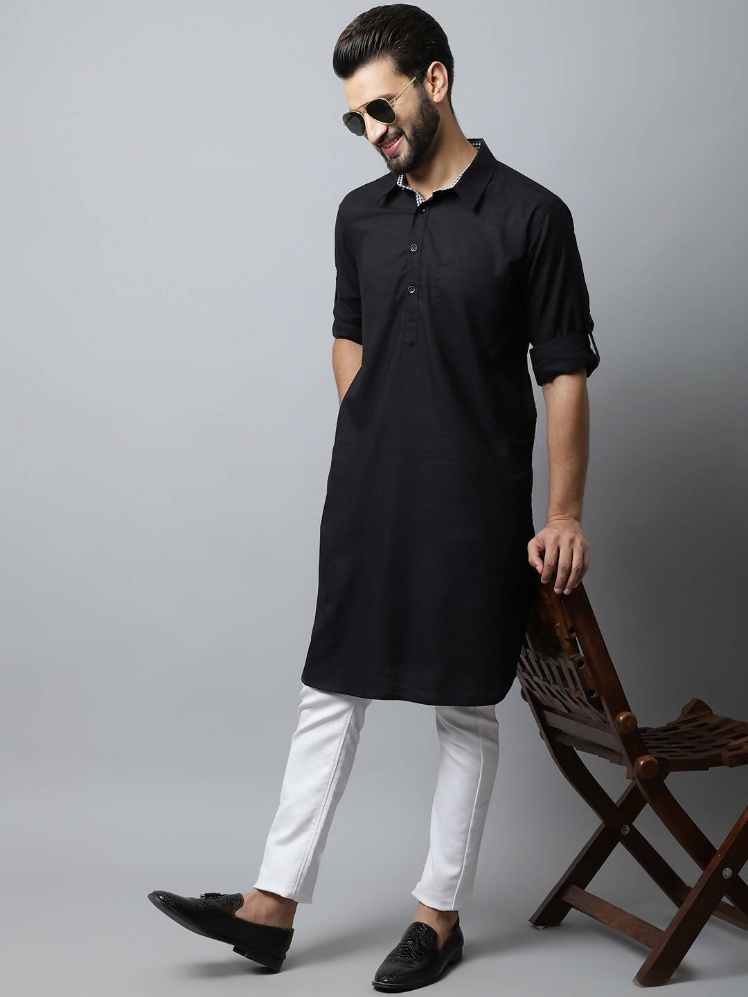 Even Apparels Black Color Linen Solid Men's Kurta With Shirt Collar (LN761) | Swadesiicart