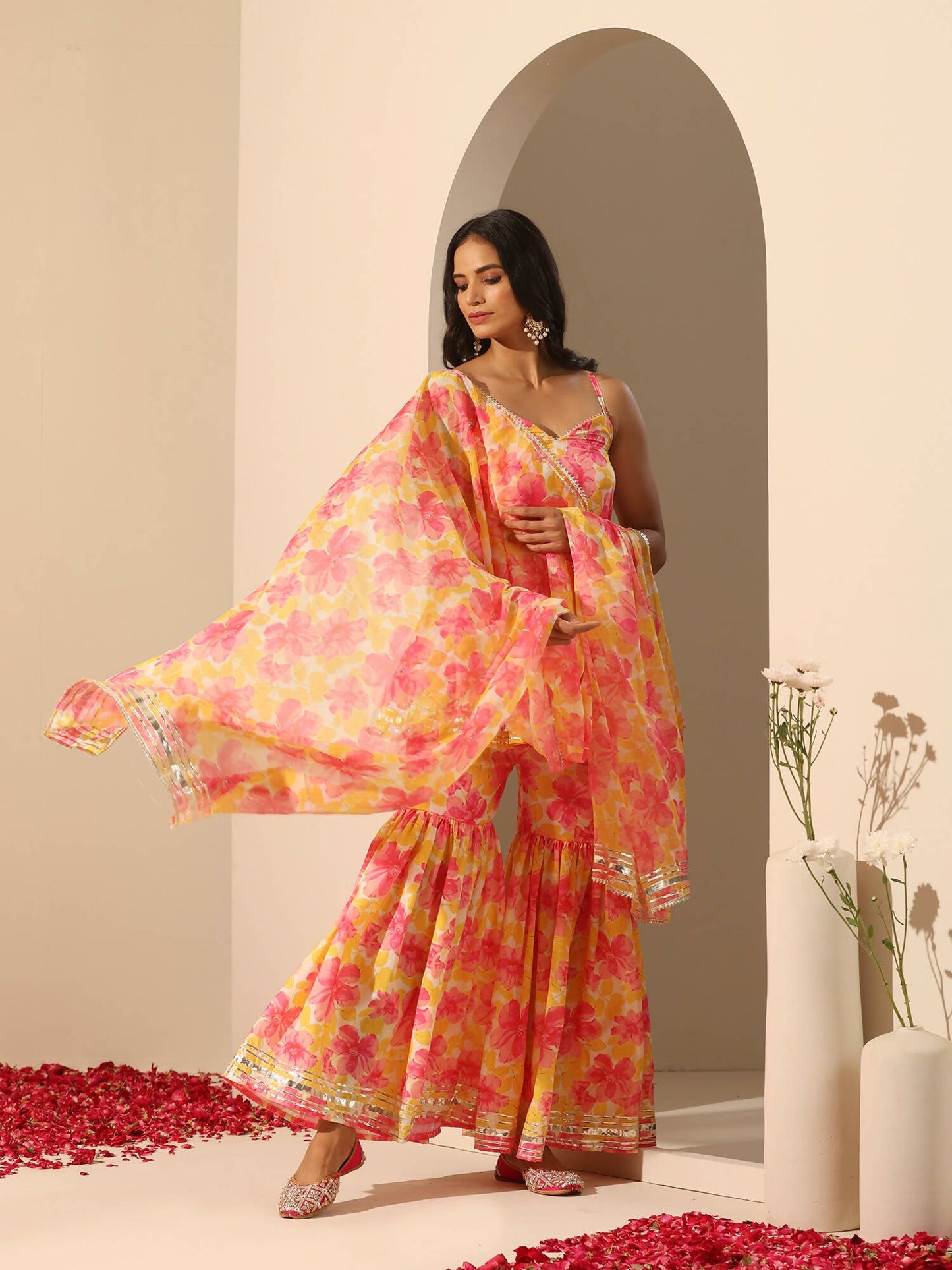 Pomcha Jaipur Yellow Gul Rangrez Sharara Set | Swadesiicart