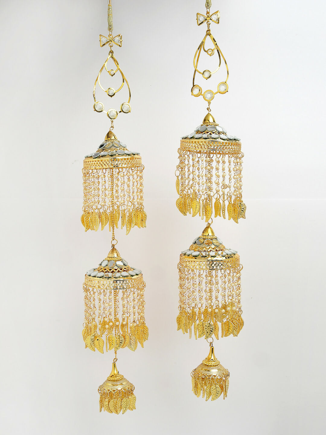 NVR Women's Pack Of 2 Gold-Polished & White Pearl Mirror Work Bridal Layered Kaleera Sets - Swadesiicart