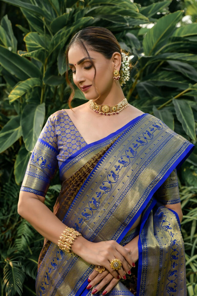 Jyoti Fashion Women's Coffee Kanjivaram Silk Zari Woven Saree with Blouse | Swadesiicart