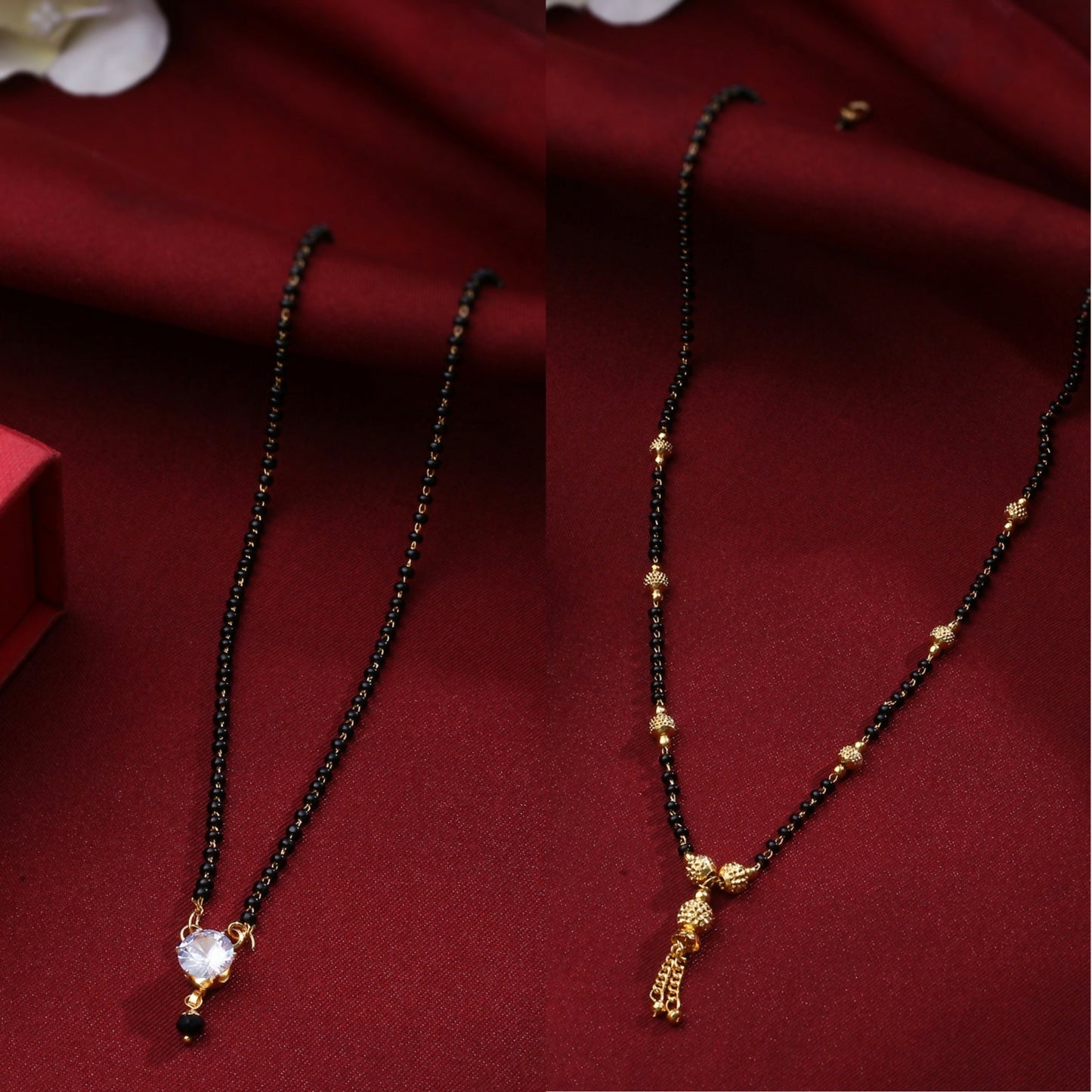 NVR Women's's Set of 2 Black Gold-Polished Beaded Mangalsutra With Ad Stone | Swadesiicart