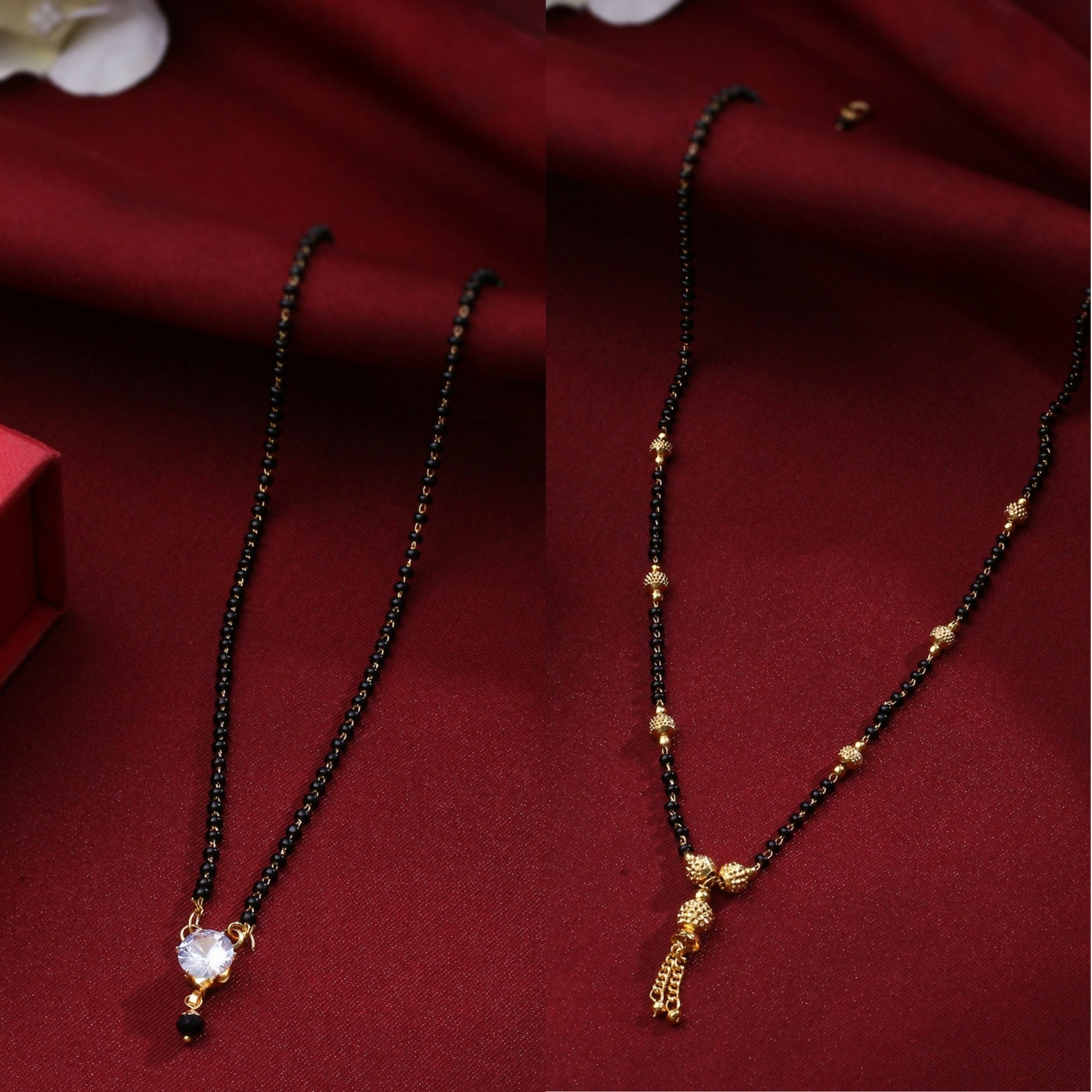 NVR Women's's Set of 2 Black Gold-Polished Beaded Mangalsutra With Ad Stone | Swadesiicart