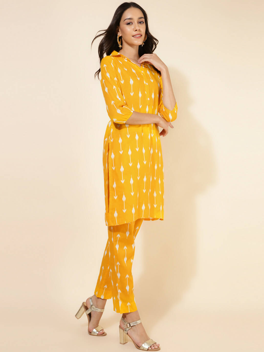 Janasya Women's Yellow Cotton Ikkat Printed Casual Straight Co-ords - Swadesiicart