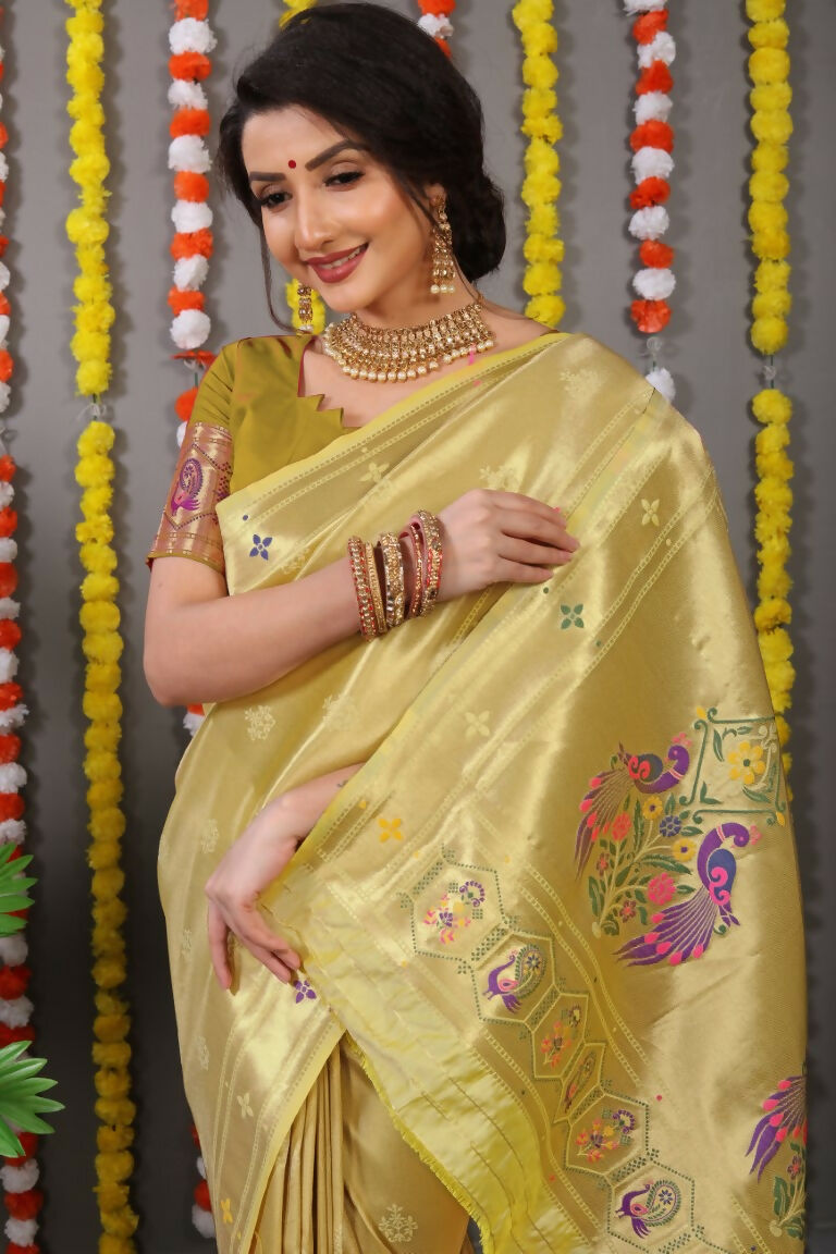 Jyoti Fashion Women's Mehendi Paithani Silk Zari Woven Saree with Blouse | Swadesiicart