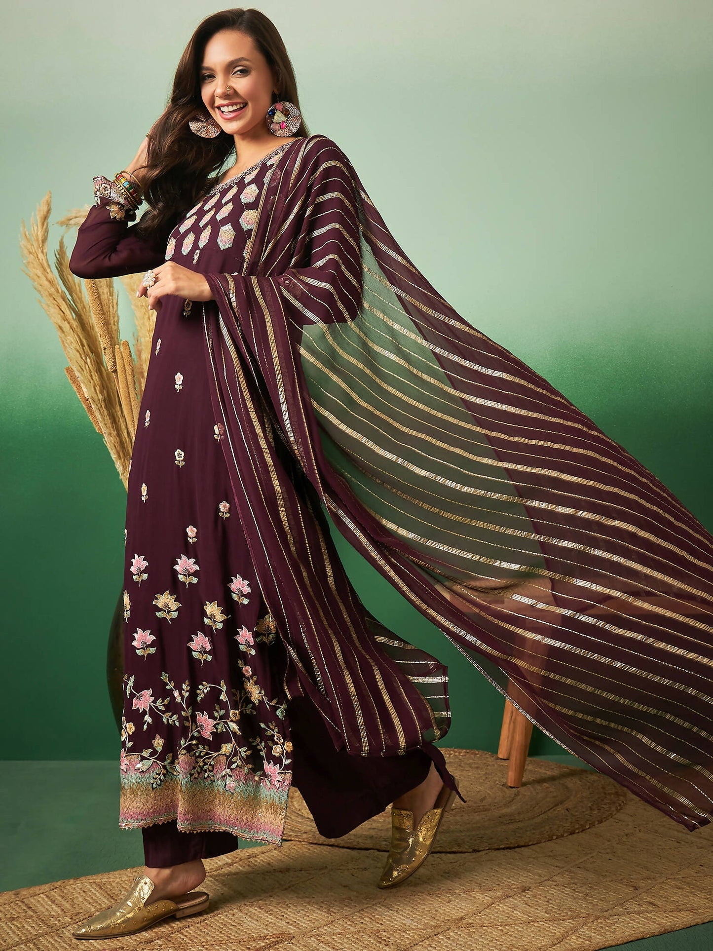 Wine Georgette Handwork Unstitched Dress Material - Hanika | Swadesiicart