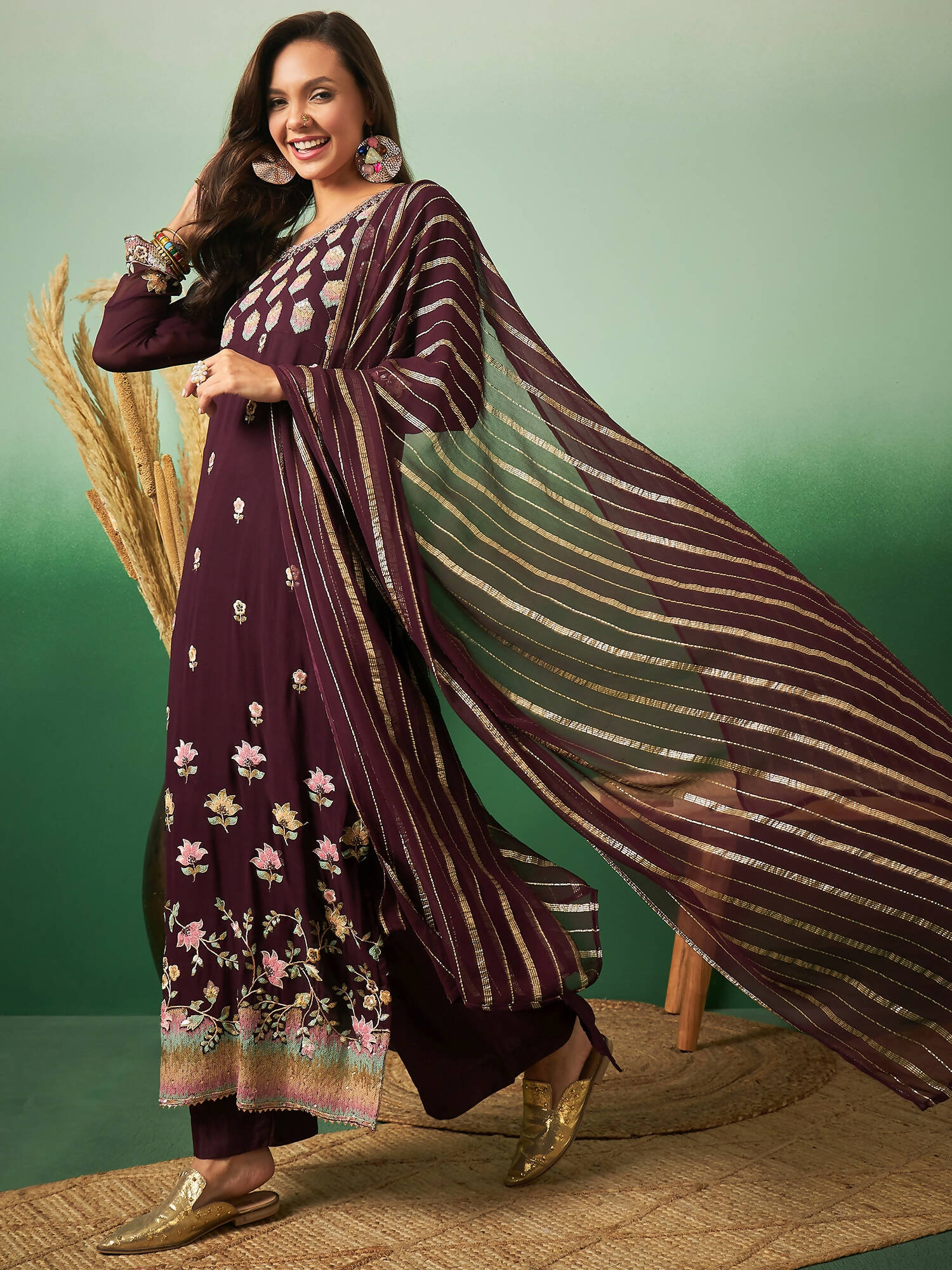 Wine Georgette Handwork Unstitched Dress Material - Hanika | Swadesiicart