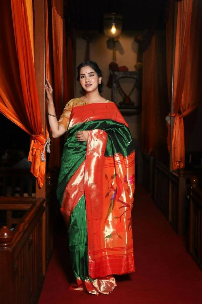 Very Much Indian Triple Muniya Border Paithani- Authentic Handloom Pure Silk With Parrots Pallu - Zari Stripes | Swadesiicart