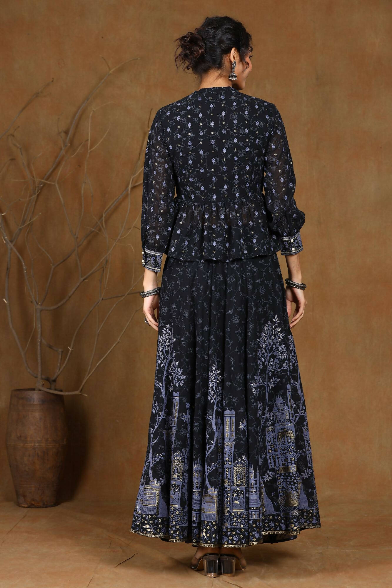 Juniper Women Black Georgette Printed Flared Lehenga Choli Sets | Swadesiicart
