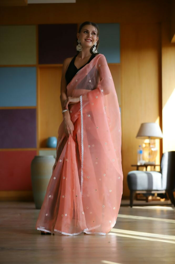 Vamsee Manbhari Peach Organza Saree - Swadesiicart
