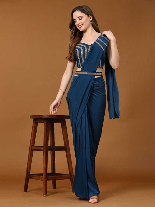 Blue Polyester Solid Ready to Wear Saree with stitched Blouse - Nita | Swadesiicart