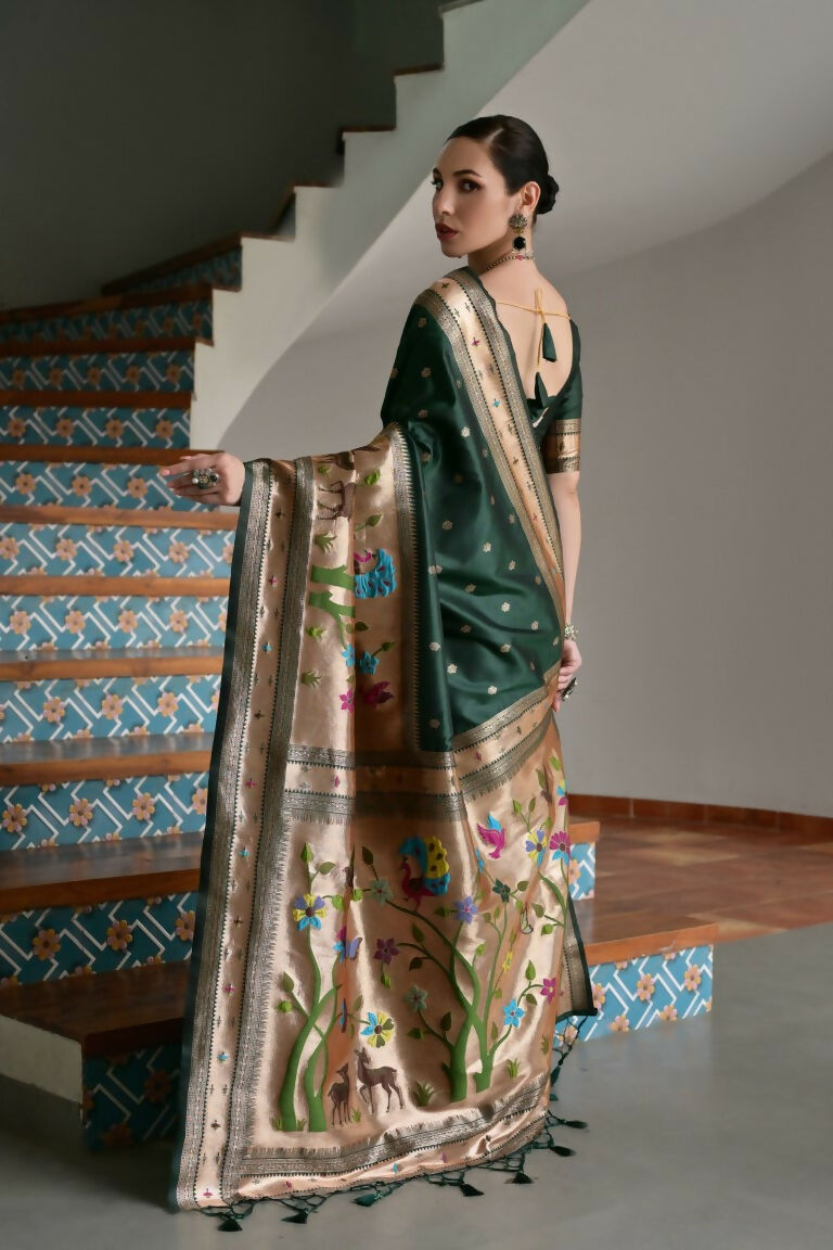 Vishnu Weaves Women's Bt-Green Paithani Silk Zari Woven Saree with Blouse - Swadesiicart