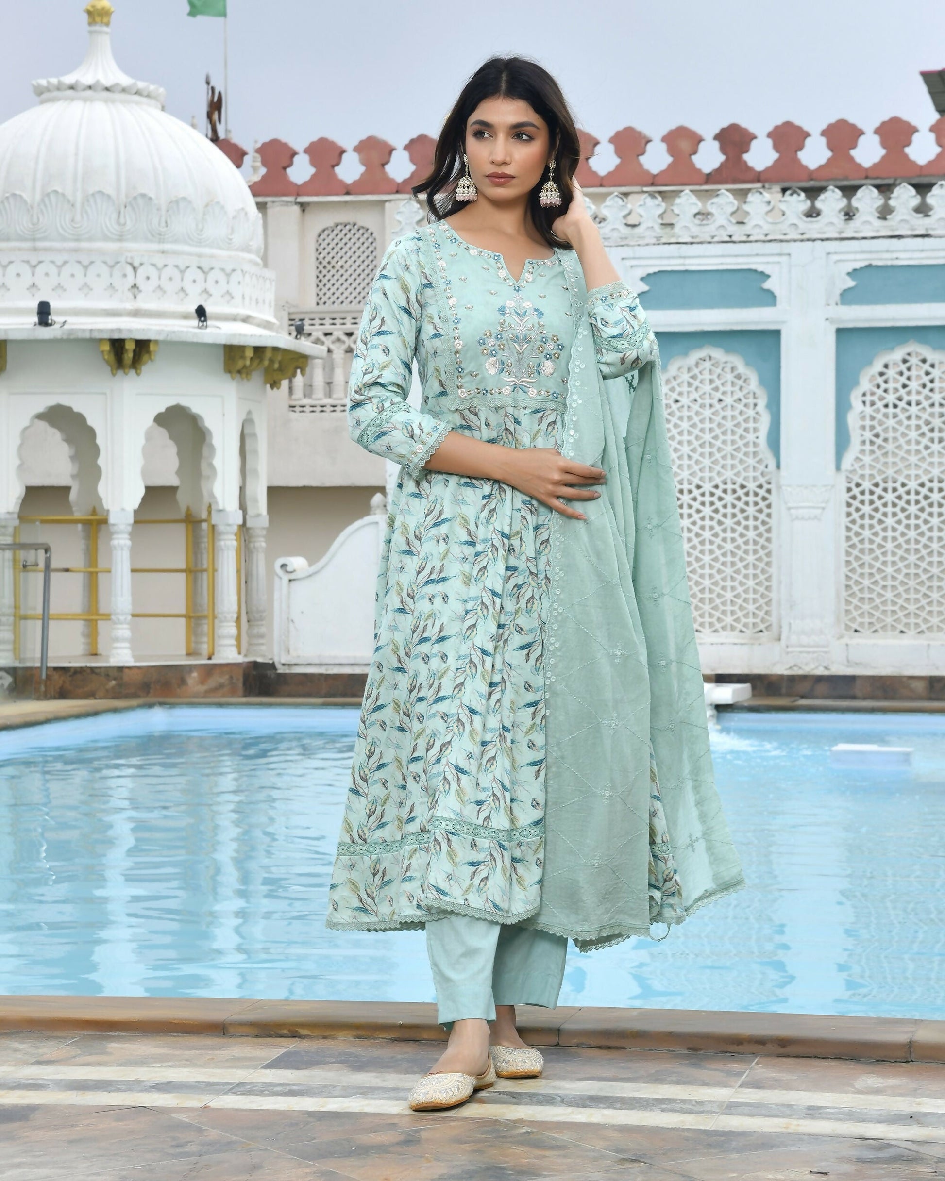 Vaasva Women's Sky Blue Cotton Anarkali Set With Solid Pant And Embroidered Dupatta | Swadesiicart