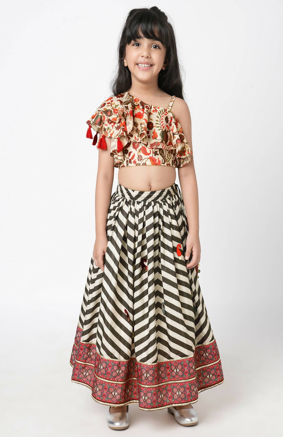 Lil Drama Chromatic Fusion Girls Black & White Stripe Hand Embroidery Lehanga Choli | Swadesiicart